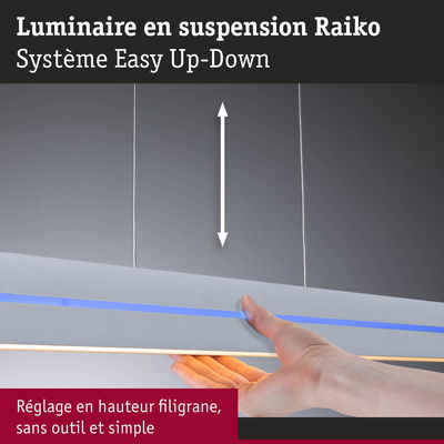 Luminaire suspendu Raiko gris avec bande lumineuse bleue et réglage facile de la hauteur