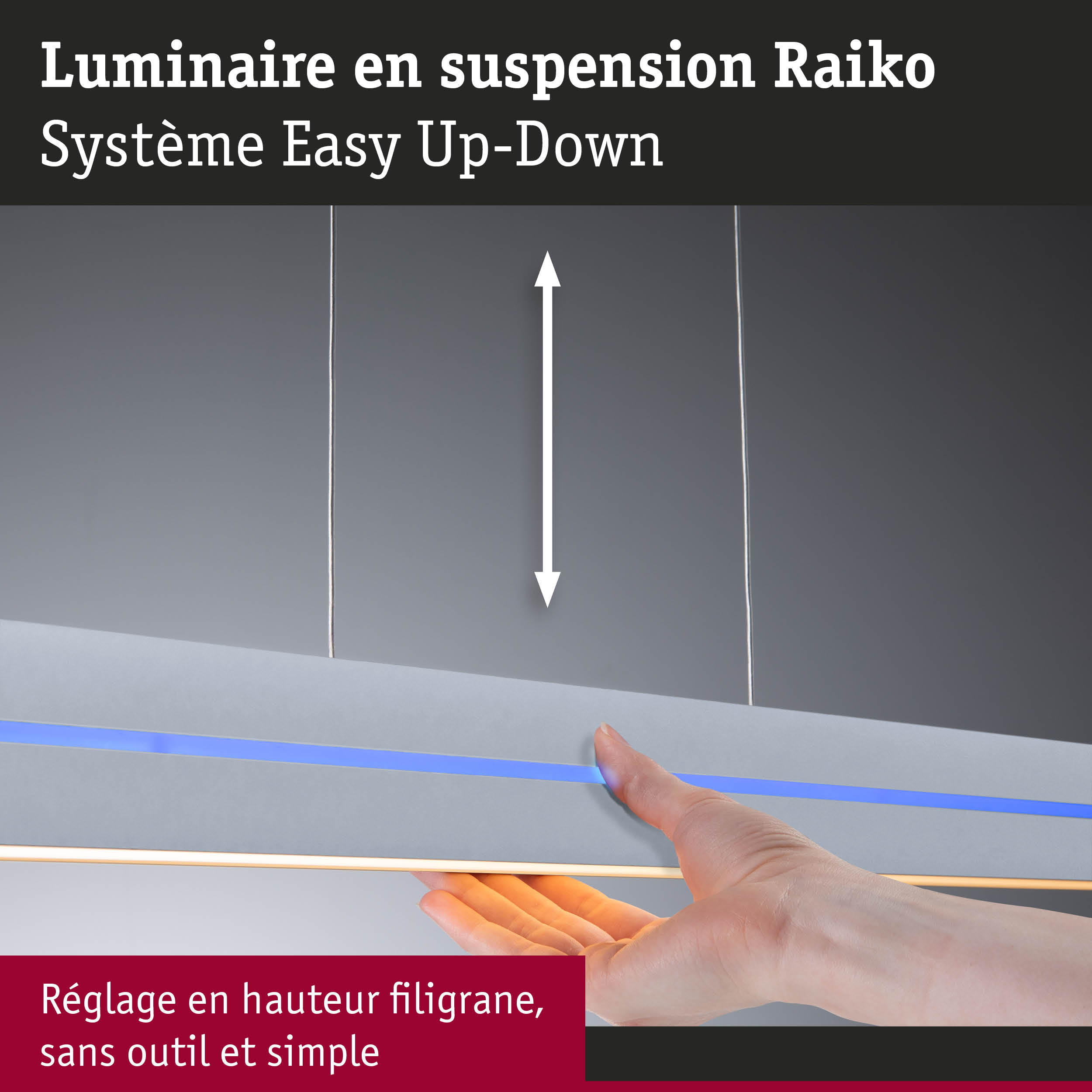 Luminaire suspendu Raiko gris avec bande lumineuse bleue et réglage hauteur sans outil