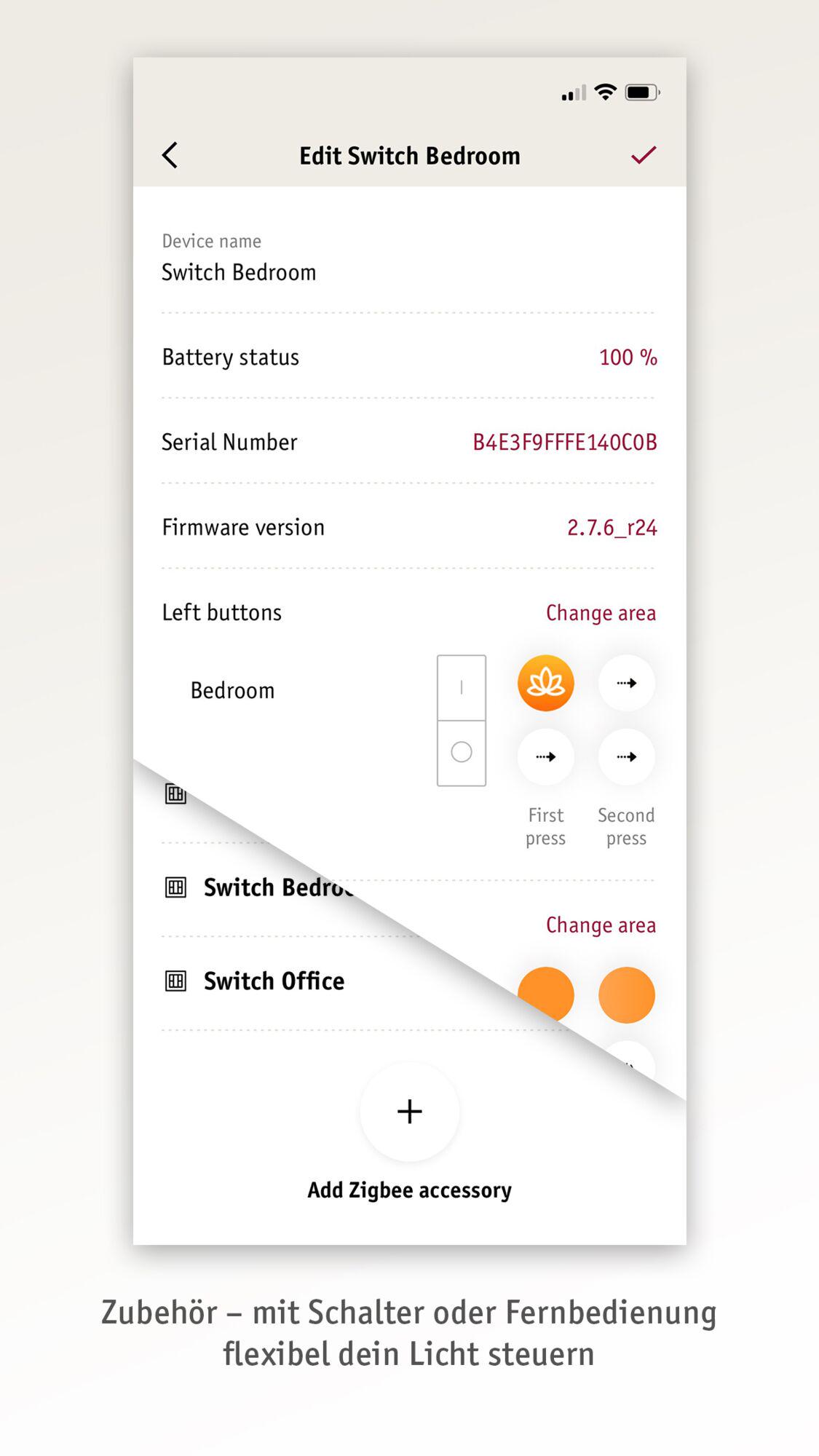 App screen for flexible light control using switch and remote with Zigbee accessory integration.