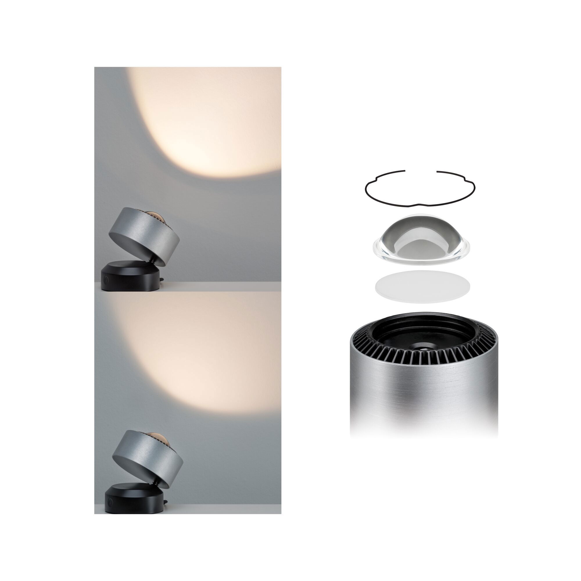 Moderner silberner LED-Strahler mit schwarzem Sockel und zerlegten Komponenten für flexible Wandbeleuchtung