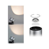 Moderner silberner LED-Strahler mit schwarzem Sockel und zerlegten Komponenten für flexible Wandbeleuchtung
