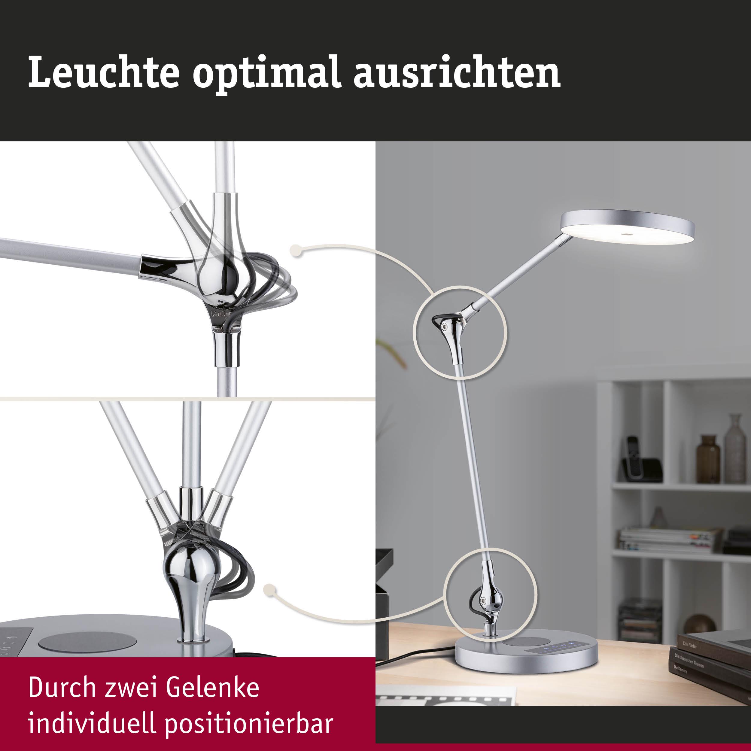 Moderne silberne LED-Schreibtischlampe mit zwei verstellbaren Gelenken für flexible Beleuchtung.