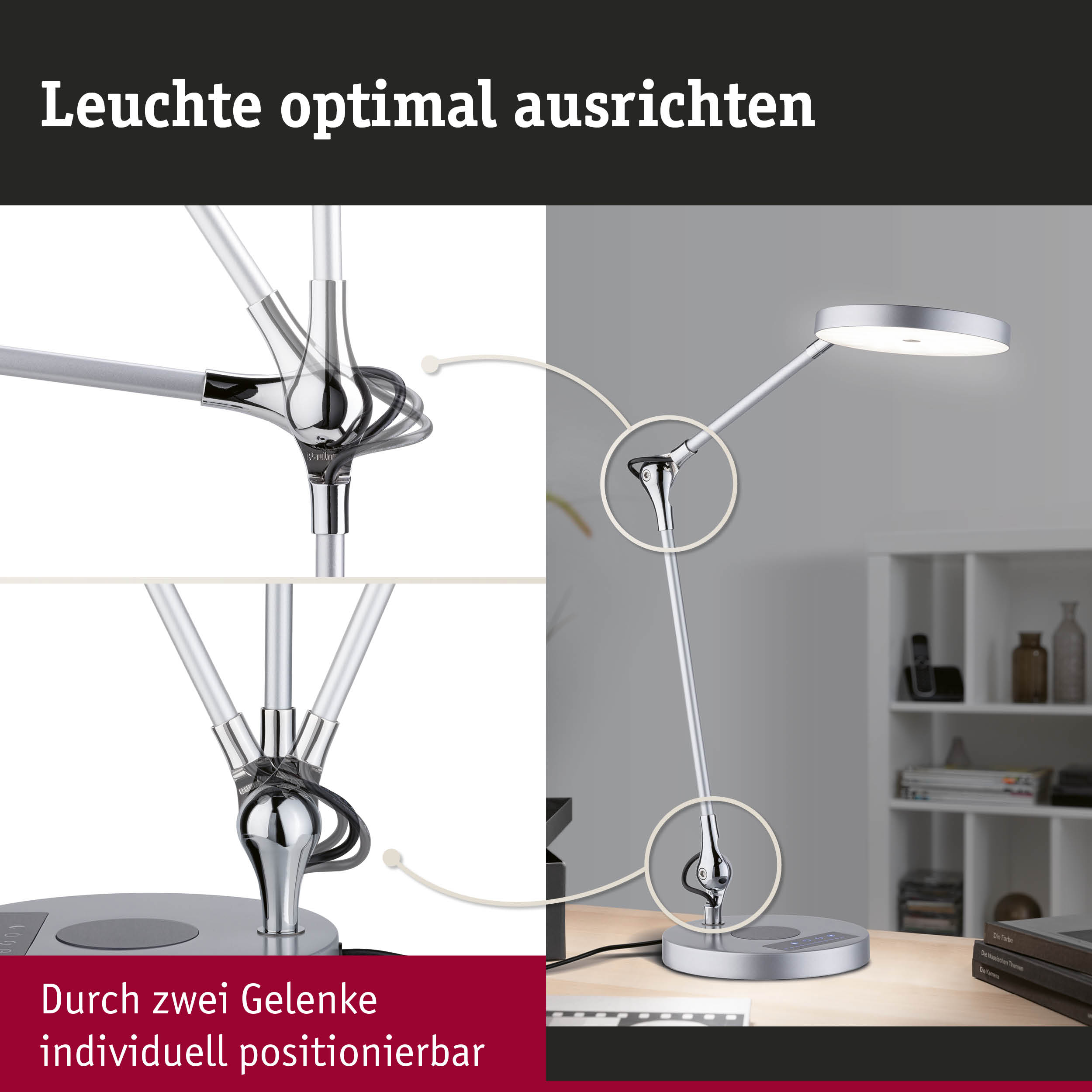 Moderne silberne LED-Schreibtischlampe mit zwei Gelenken für flexible Lichtausrichtung im Büro.