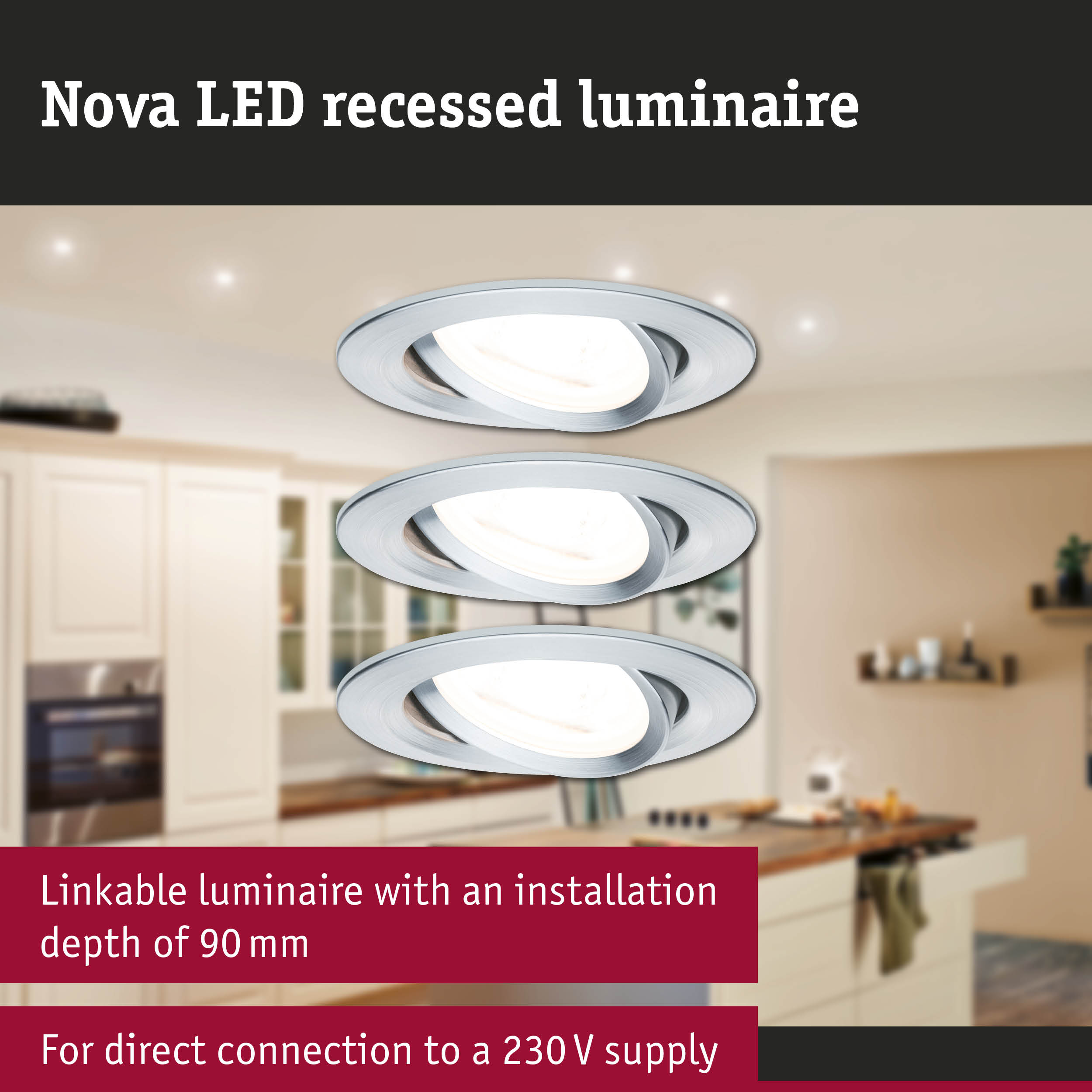 Nova LED recessed luminaire in silver metal with 90 mm installation depth for modern kitchen lighting