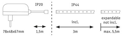 Technische Zeichnung mit Maßen 78x48x67mm und IP20 sowie IP44 Schutz für LED-Lichtleisten bis 5,5m erweiterbar