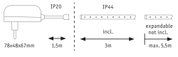 Technical drawing showing 78x48x67mm size and IP20/IP44 ratings for expandable LED light strips up to 5.5m