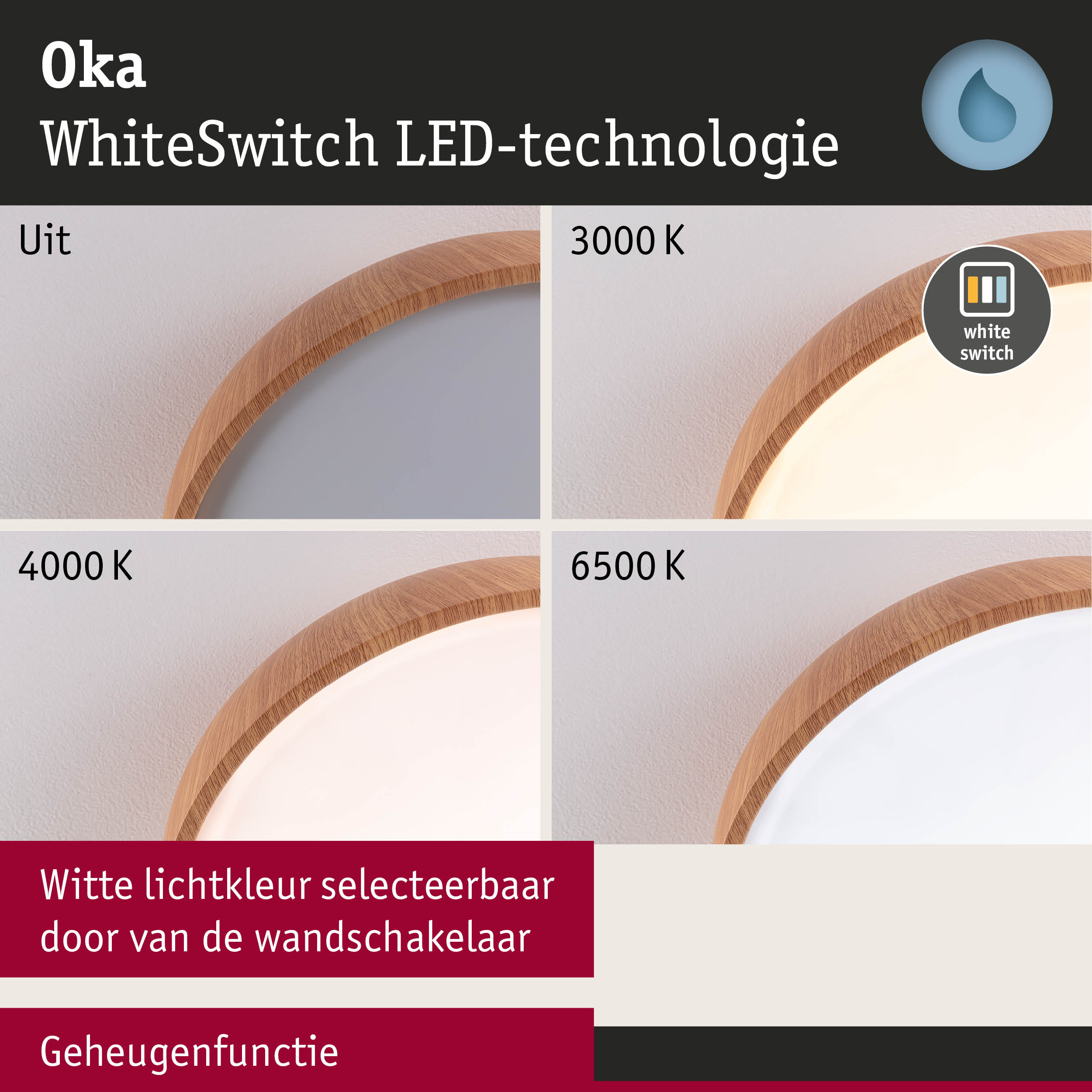 LED-plafondlamp met houten rand toont wisselende witkleuren van 3000K tot 6500K via wandschakelaar