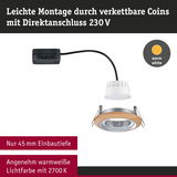 LED-Einbaustrahler mit Holzring und Direktanschluss 230V, warmweißes Licht 2700K, 45 mm Einbautiefe