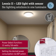 Leonis II white LED ceiling light with sensor, dimmable via Power Select and DIP switch control