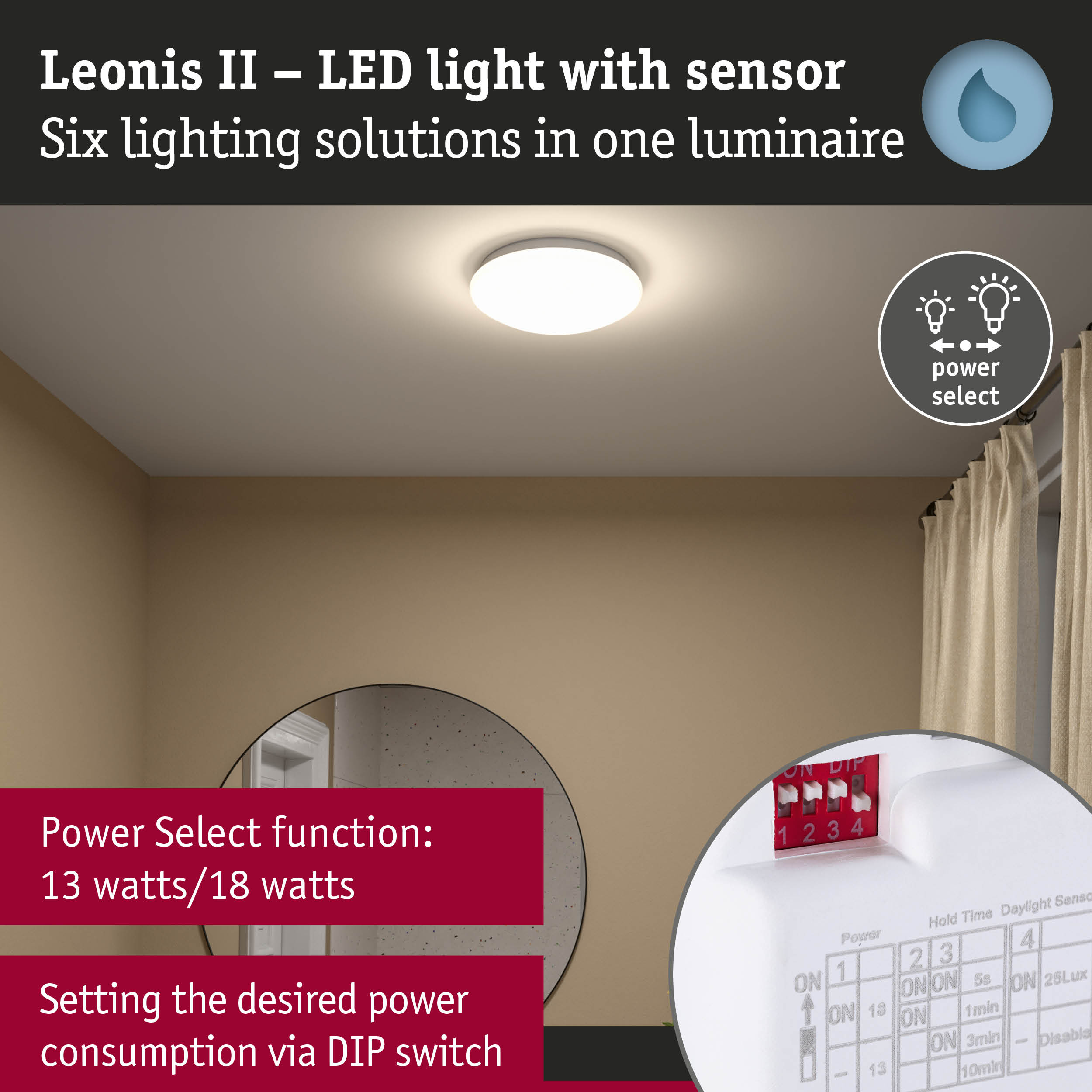 Leonis II white LED ceiling light with sensor, dimmable via Power Select and DIP switch control
