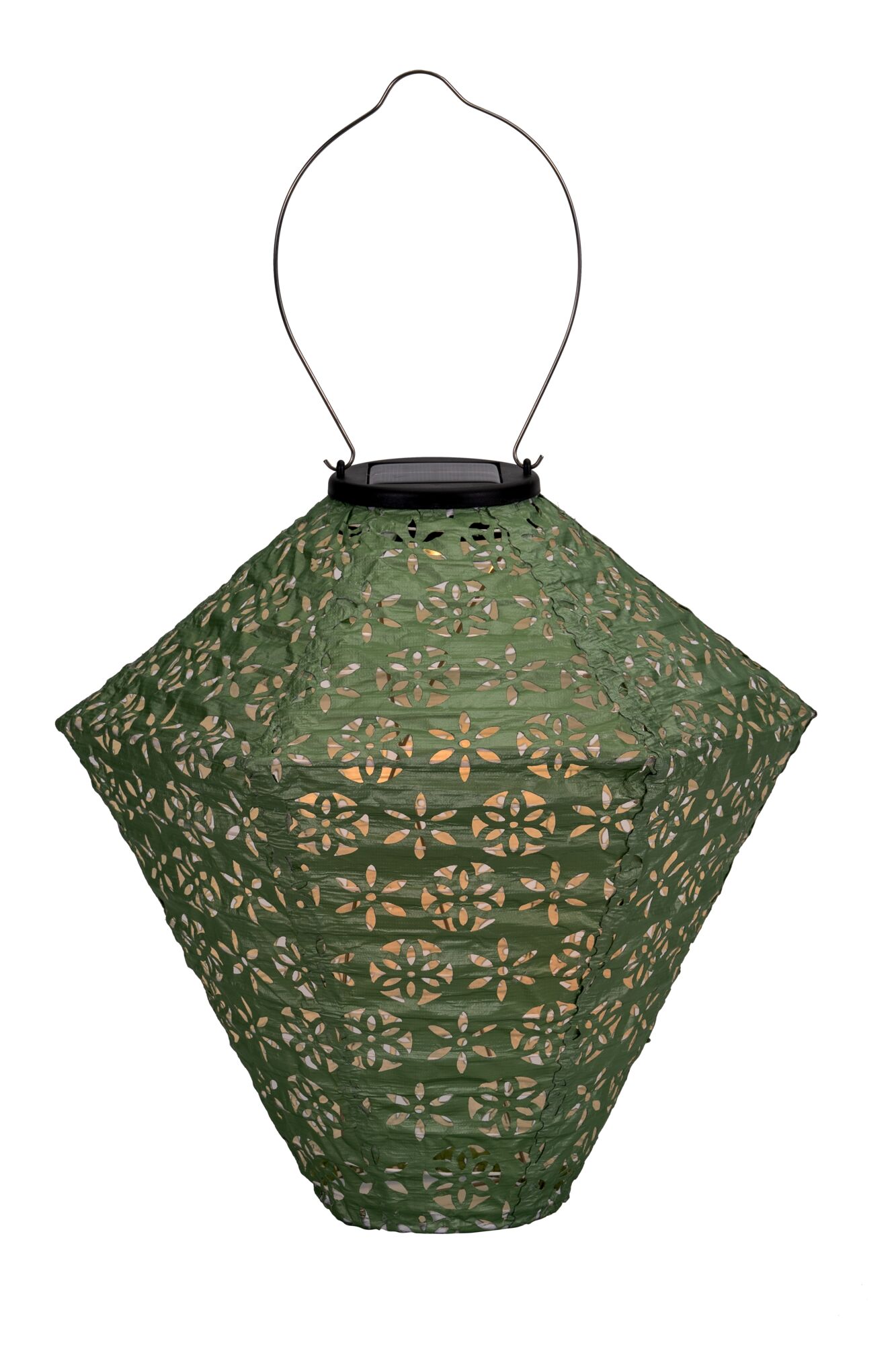 Groene papieren solar lantaarn met bloemmotief en metalen handvat voor buitenverlichting tuin.