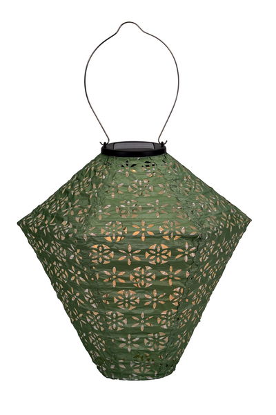 Green solar paper lantern with floral cutouts and metal handle for outdoor garden lighting.