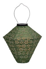 Green solar paper lantern with floral cutouts and metal handle for outdoor garden lighting.