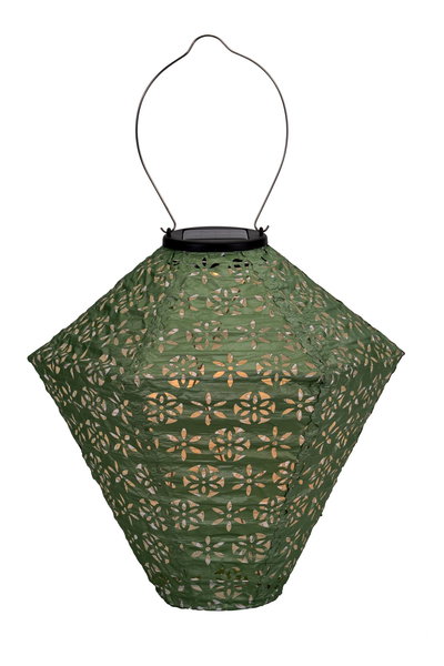 Green solar paper lantern with floral cutouts and metal handle for outdoor garden lighting.