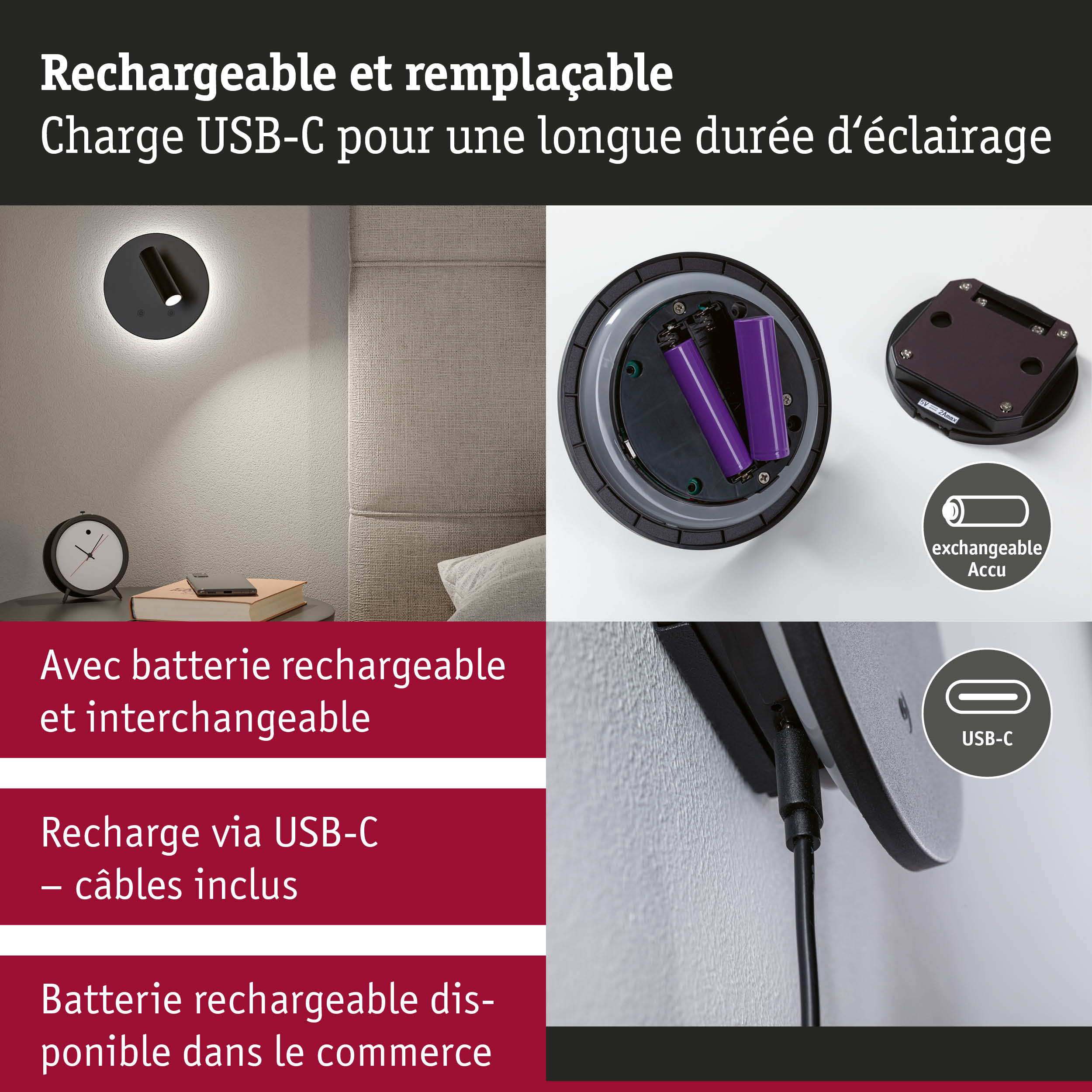 Applique murale noire avec batterie rechargeable et câble USB-C pour un éclairage durable