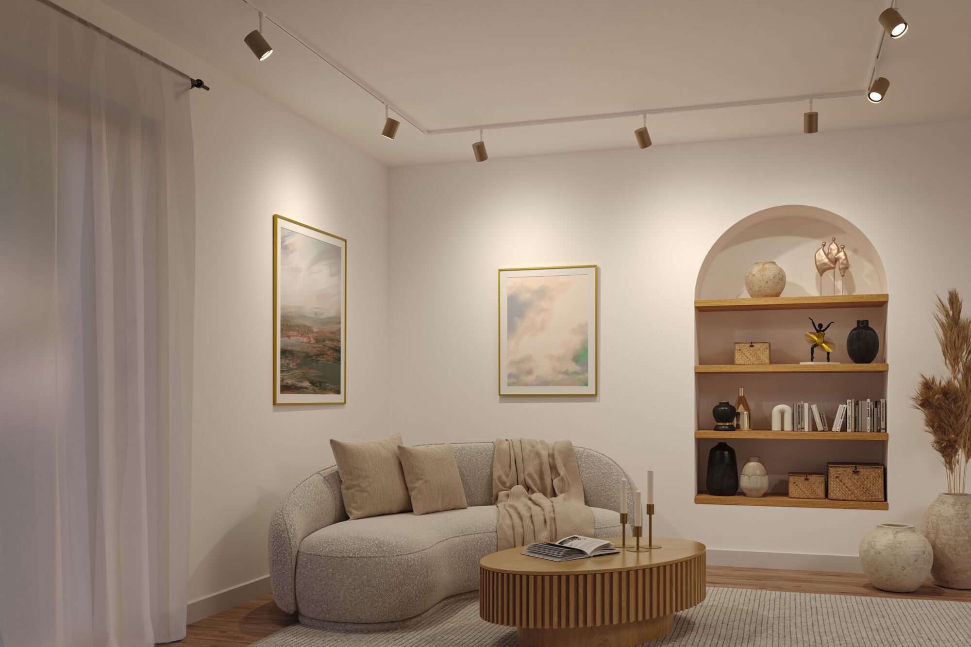 Living room with cream sofa, wooden coffee table and modern ceiling spotlights in warm white lighting