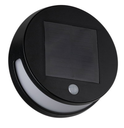 Round black solar light with motion sensor and white plastic light strip for outdoor use