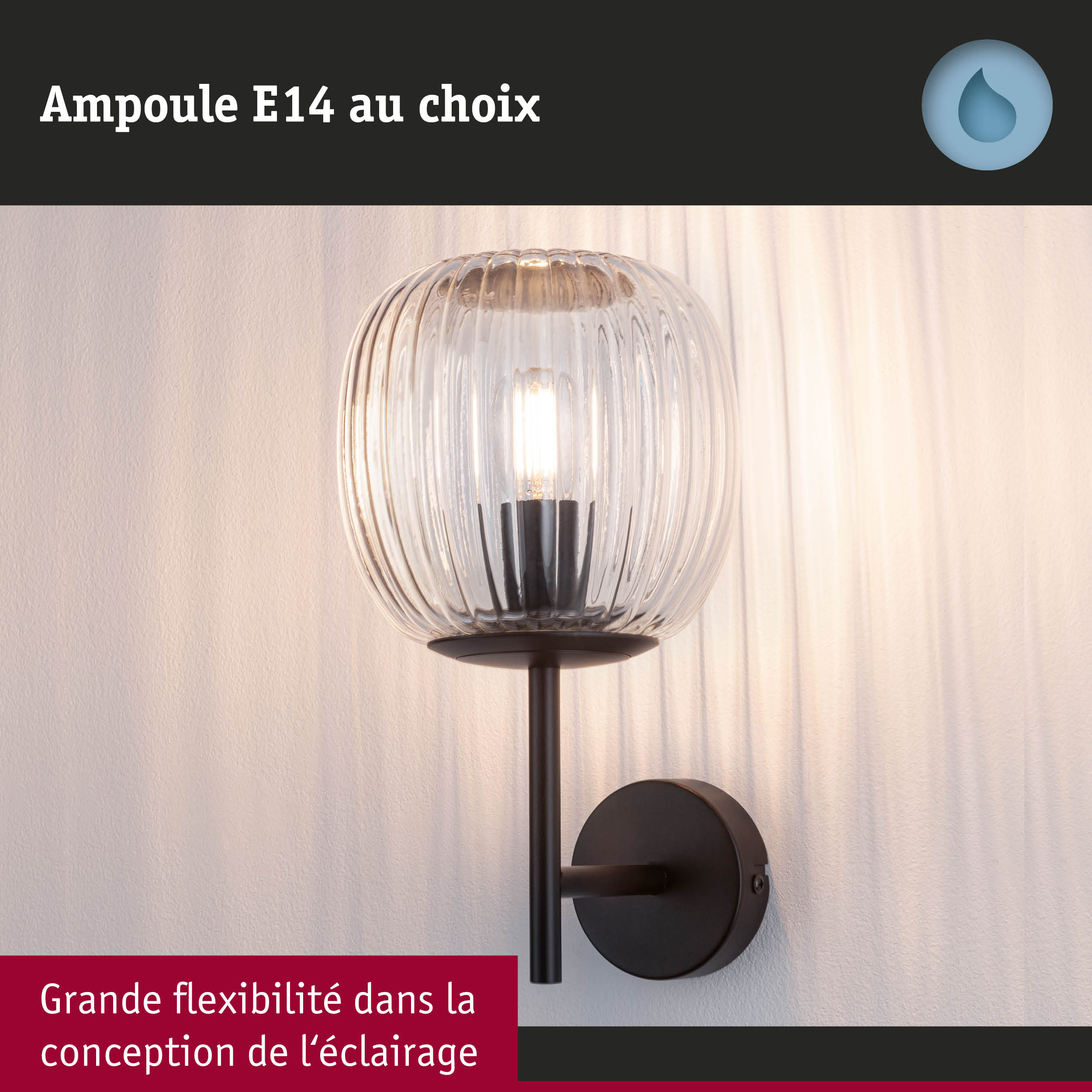Applique murale avec verre transparent nervuré et support en métal noir pour éclairage LED moderne