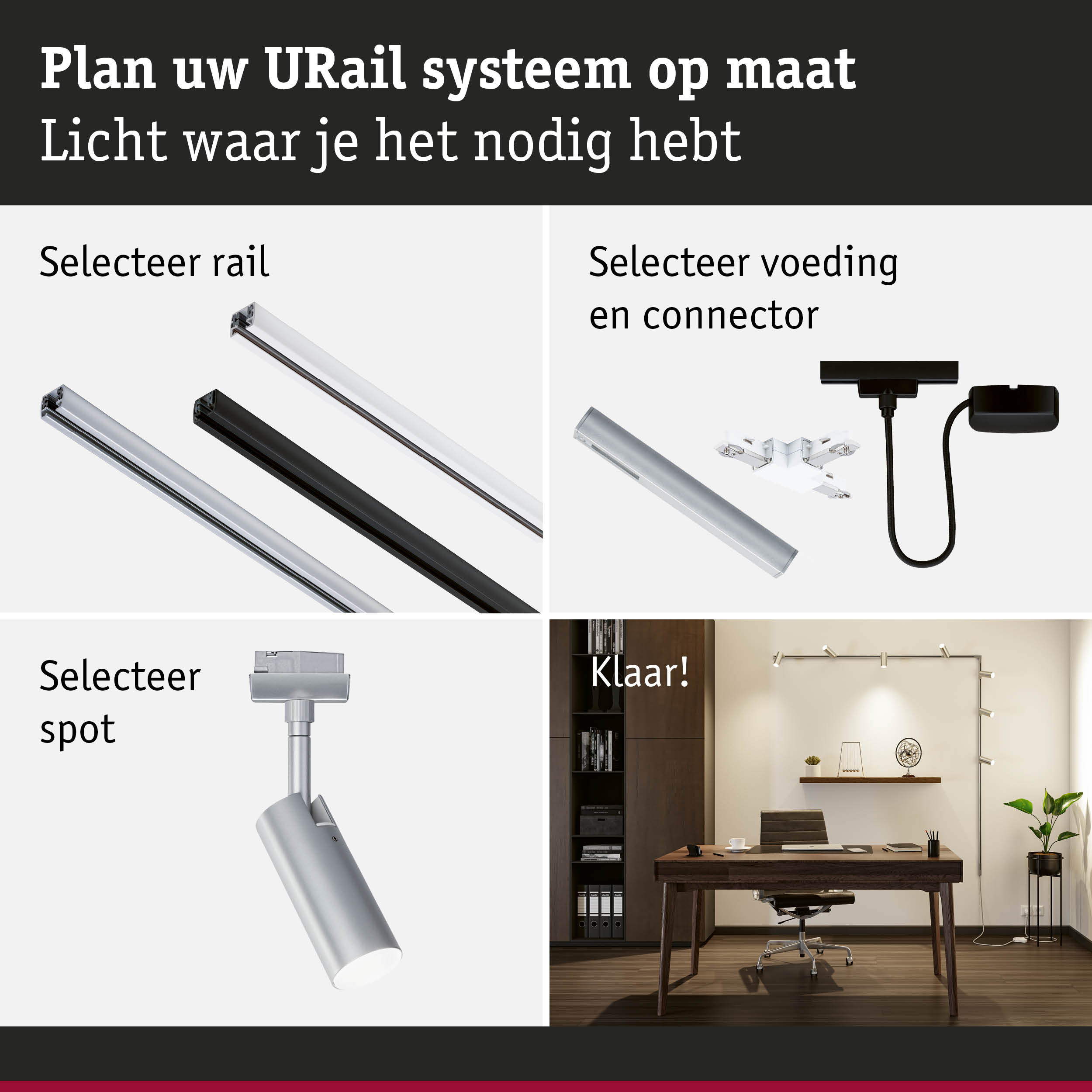 Modulair URail railsysteem met aluminium rails in zwart en wit voor flexibele LED-verlichting