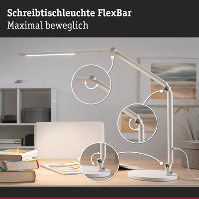 Weiße Schreibtischleuchte FlexBar aus Metall mit flexiblen Gelenken für optimale Beleuchtung am Arbeitsplatz