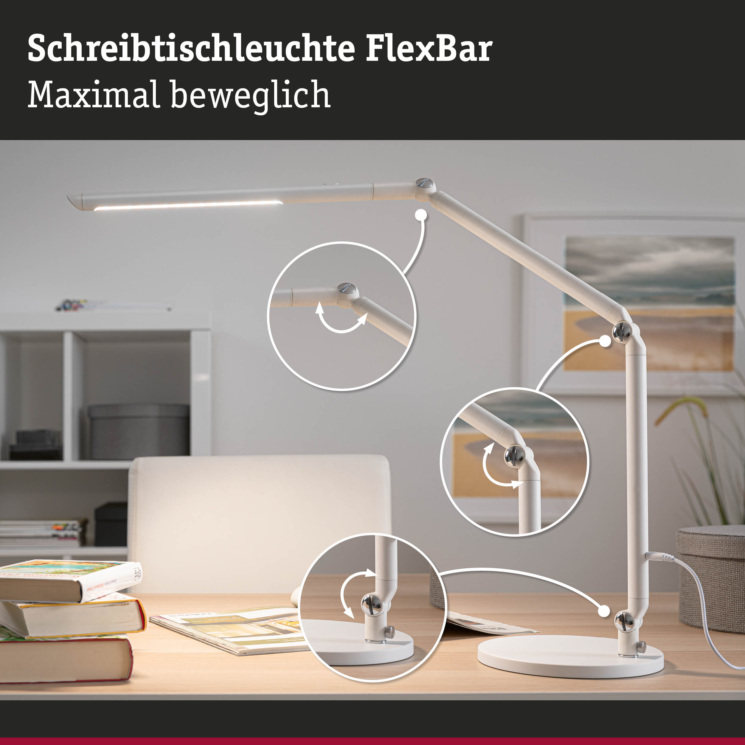 Weiße Schreibtischleuchte FlexBar aus Metall mit flexiblen Gelenken für optimale Beleuchtung am Arbeitsplatz