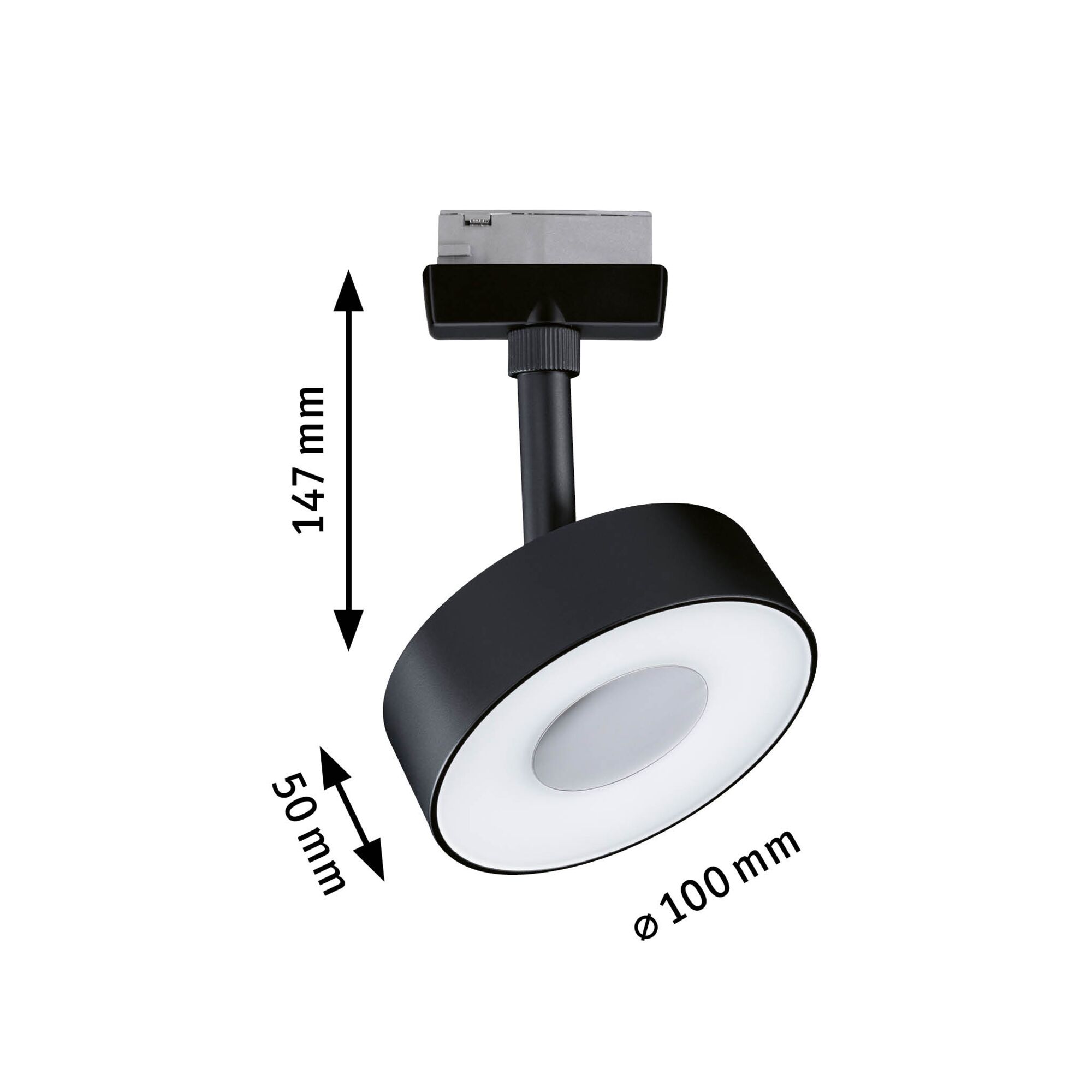 Black metal LED spotlight with white diffuser, 147 mm height, 100 mm diameter, modern lighting fixture