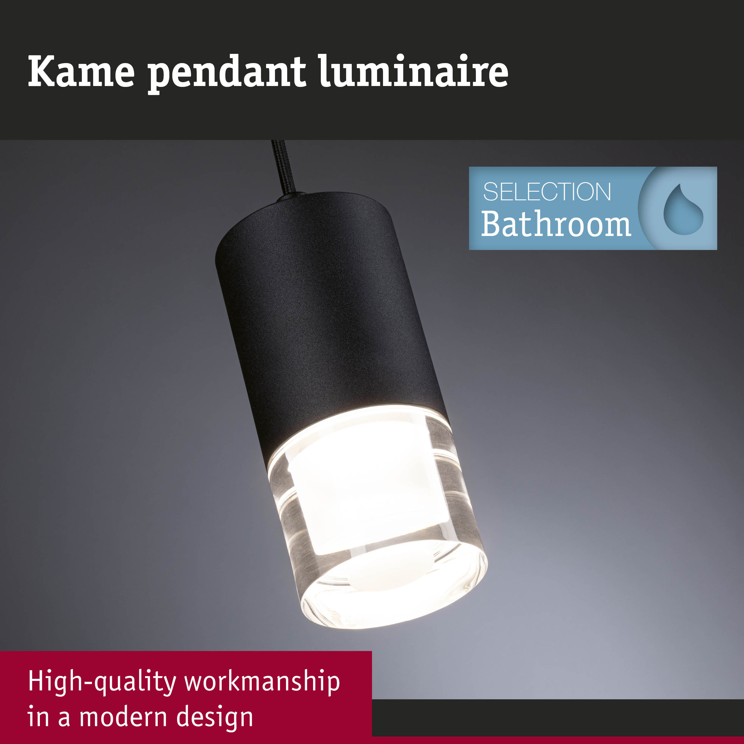 Black Kame pendant light made of metal and glass for bathroom with modern design