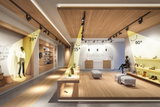 Modernes Modegeschäft mit Holzdecke und schwarzen LED-Strahlern, die Kleidung und Schuhe beleuchten