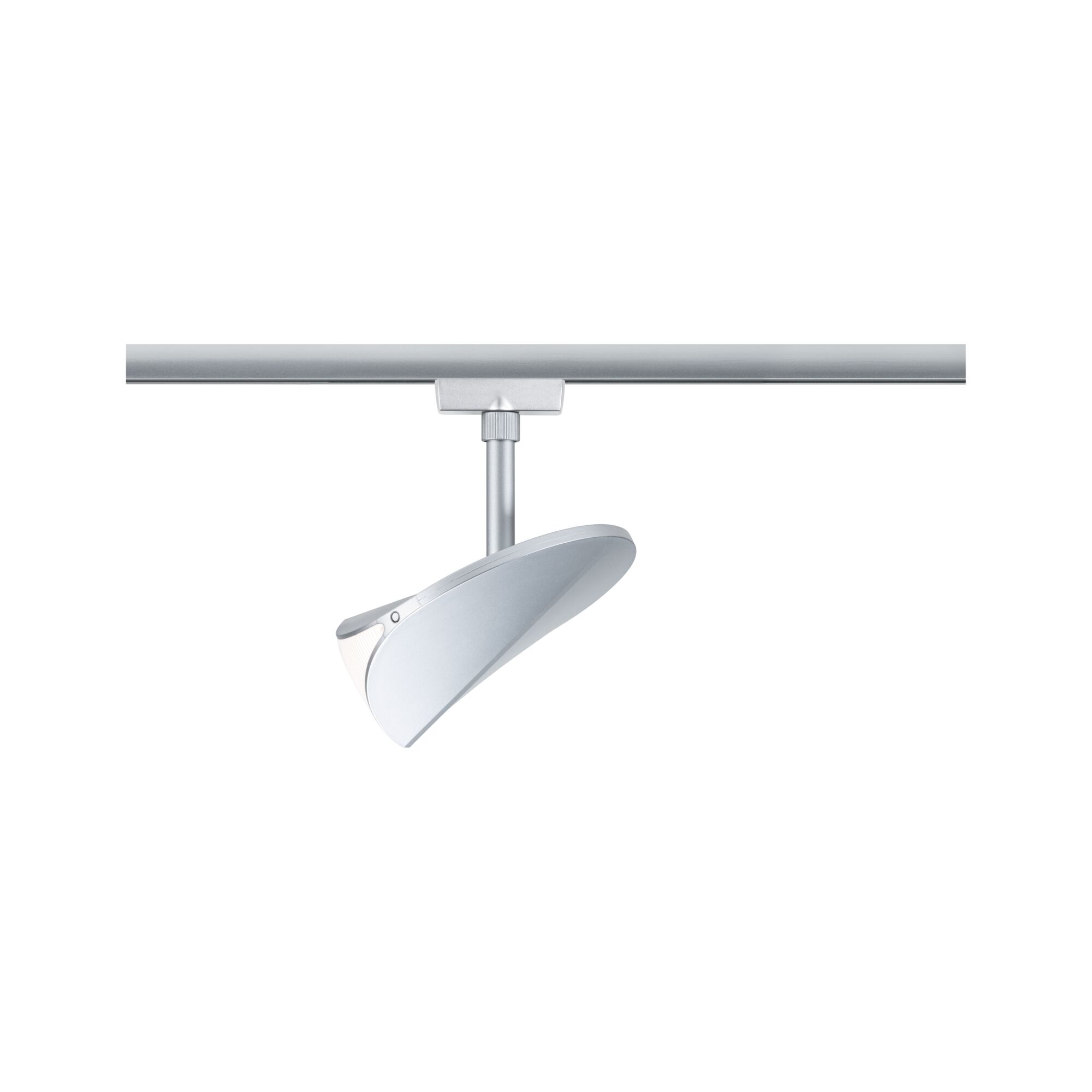 Silberner LED-Strahler aus Metall an Schienensystem für flexible Beleuchtung im Innenraum