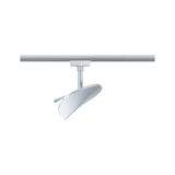 Silberner LED-Strahler aus Metall an Schienensystem für flexible Beleuchtung im Innenraum