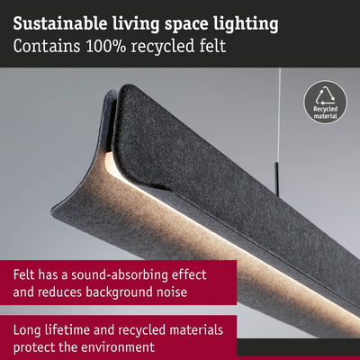 Sustainable grey felt ceiling light with sound-absorbing effect and integrated LED lighting