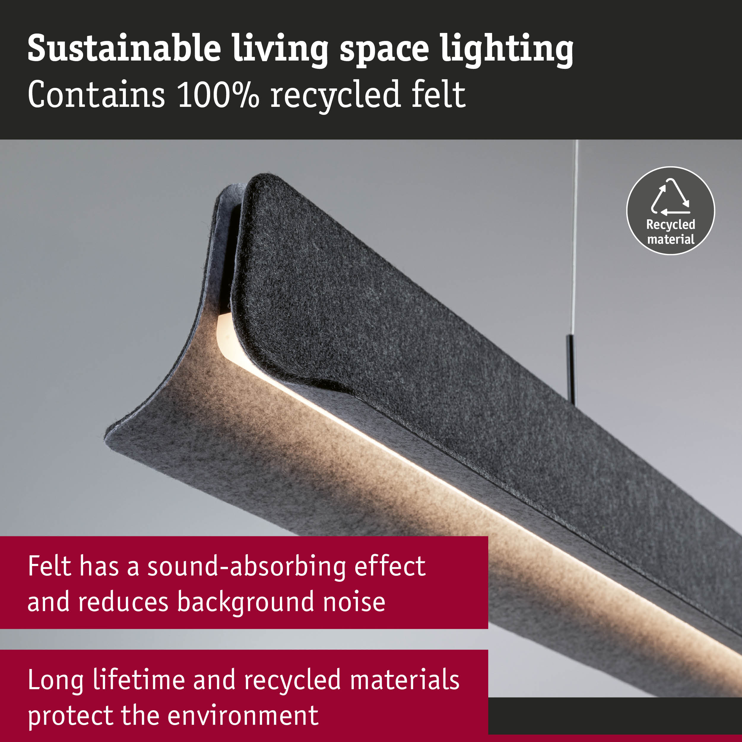 Sustainable grey felt pendant lamp with LED light and sound-absorbing features for quiet spaces