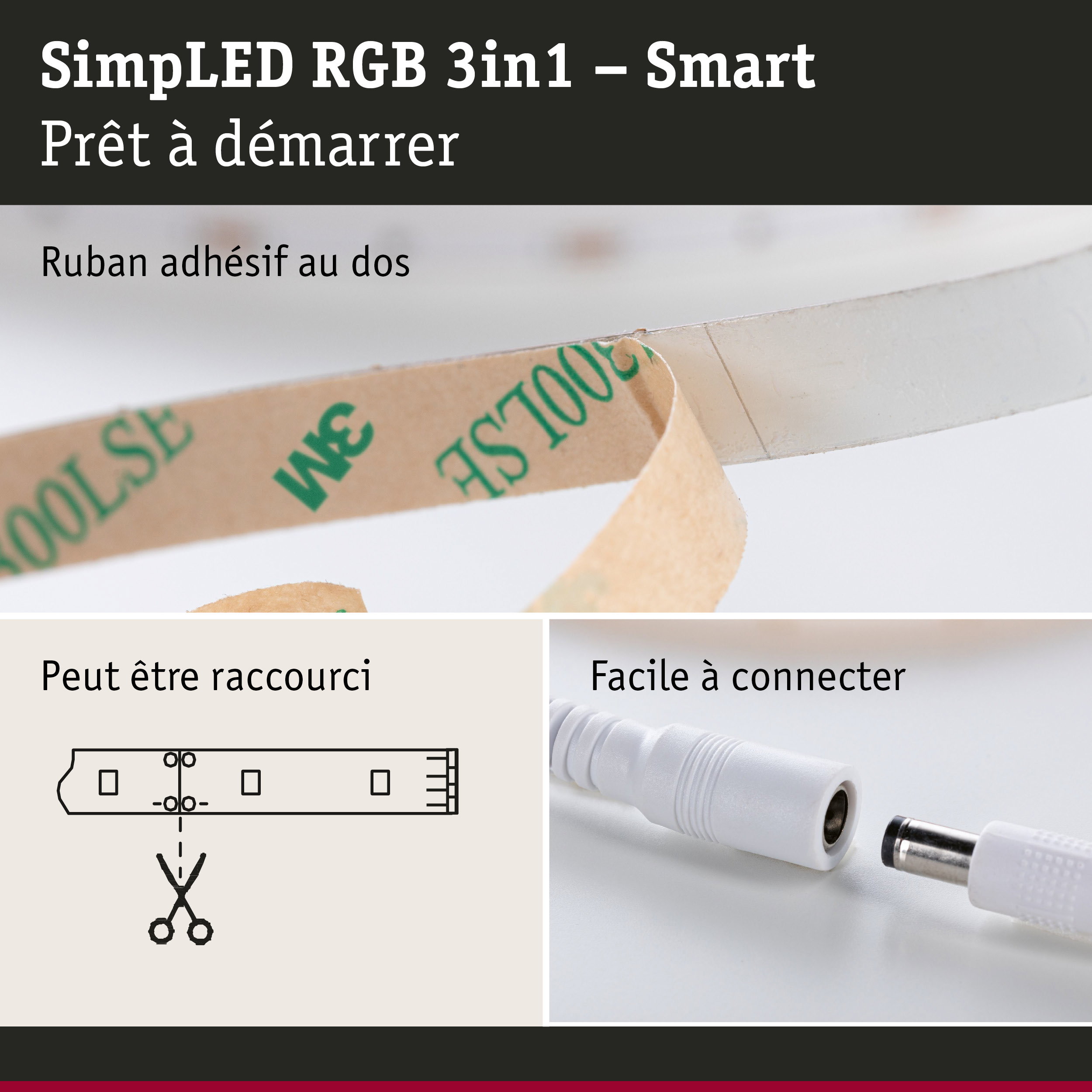 Bande LED SimpLED RGB 3en1 avec ruban adhésif au dos et câble facile à connecter
