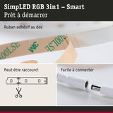Bande LED SimpLED RGB 3en1 avec ruban adhésif au dos et câble facile à connecter