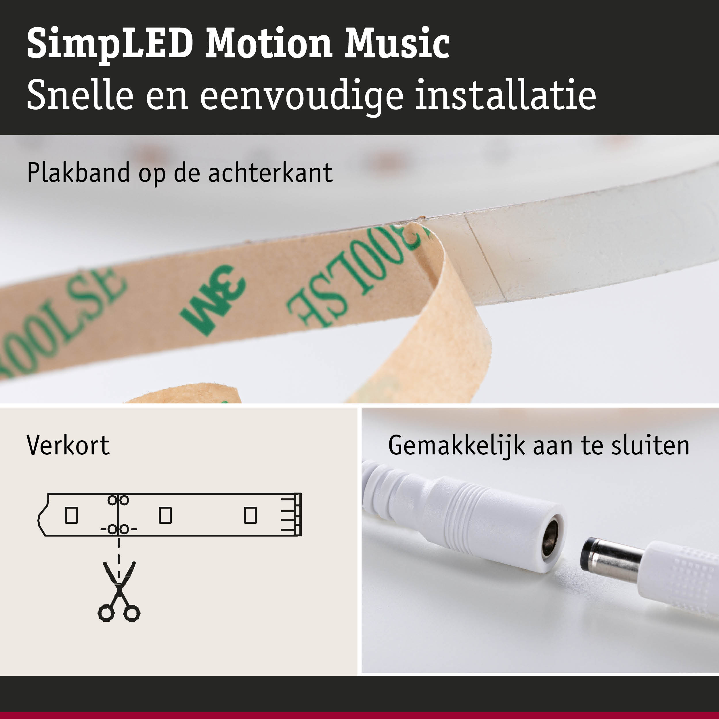 Plakband aan de achterkant voor eenvoudige installatie van LED-verlichting met witte kabelconnector