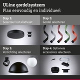 Zwart ULine gordelsysteem met gekleurde banden en diverse lampen voor individuele lichtplanning