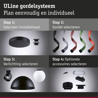 Zwart ULine gordelsysteem met gekleurde banden en diverse lampen voor individuele lichtplanning
