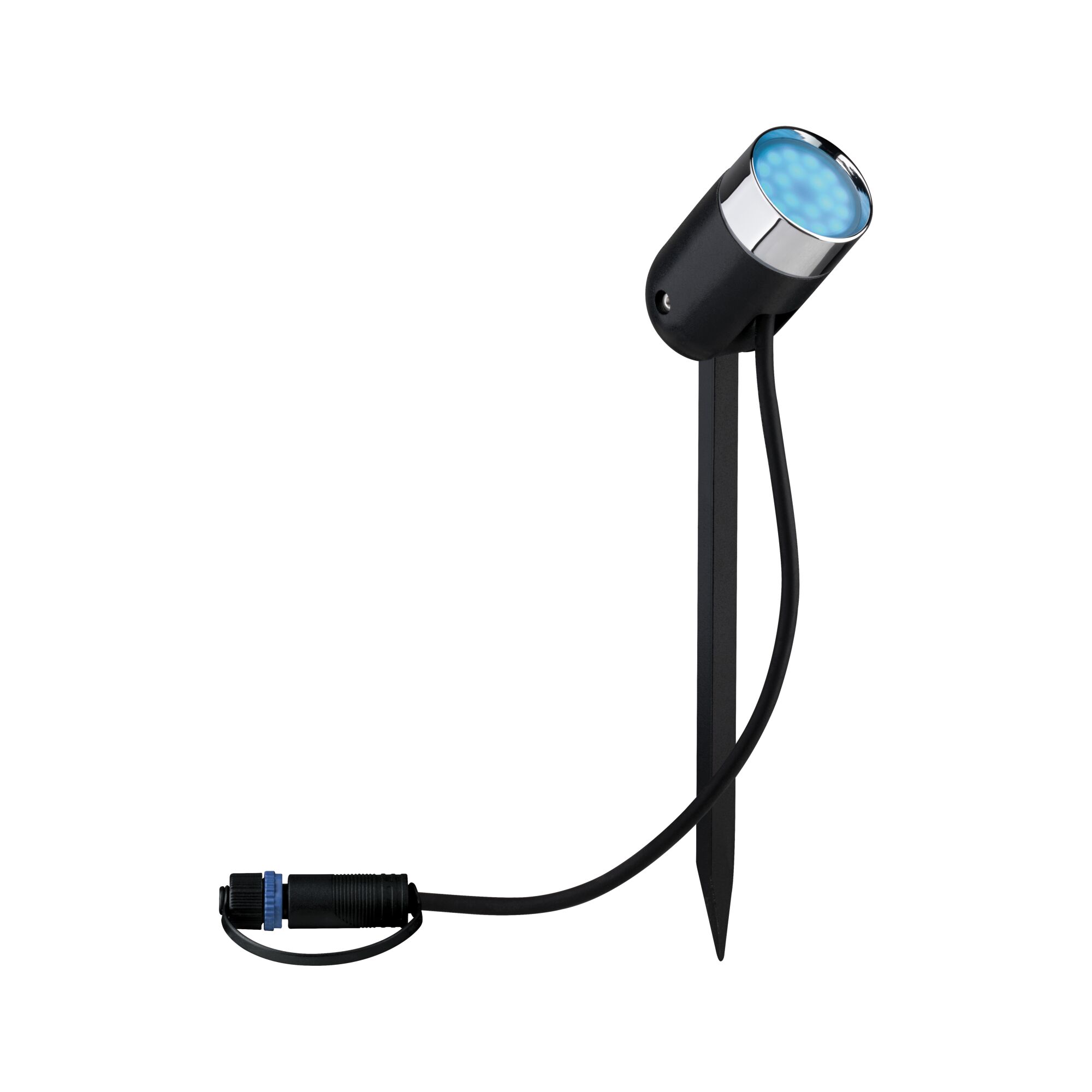 Zwarte LED-tuinschijnwerper met grondpen en blauw licht, weerbestendige buitenverlichting