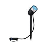 Zwarte LED-tuinschijnwerper met grondpen en blauw licht, weerbestendige buitenverlichting