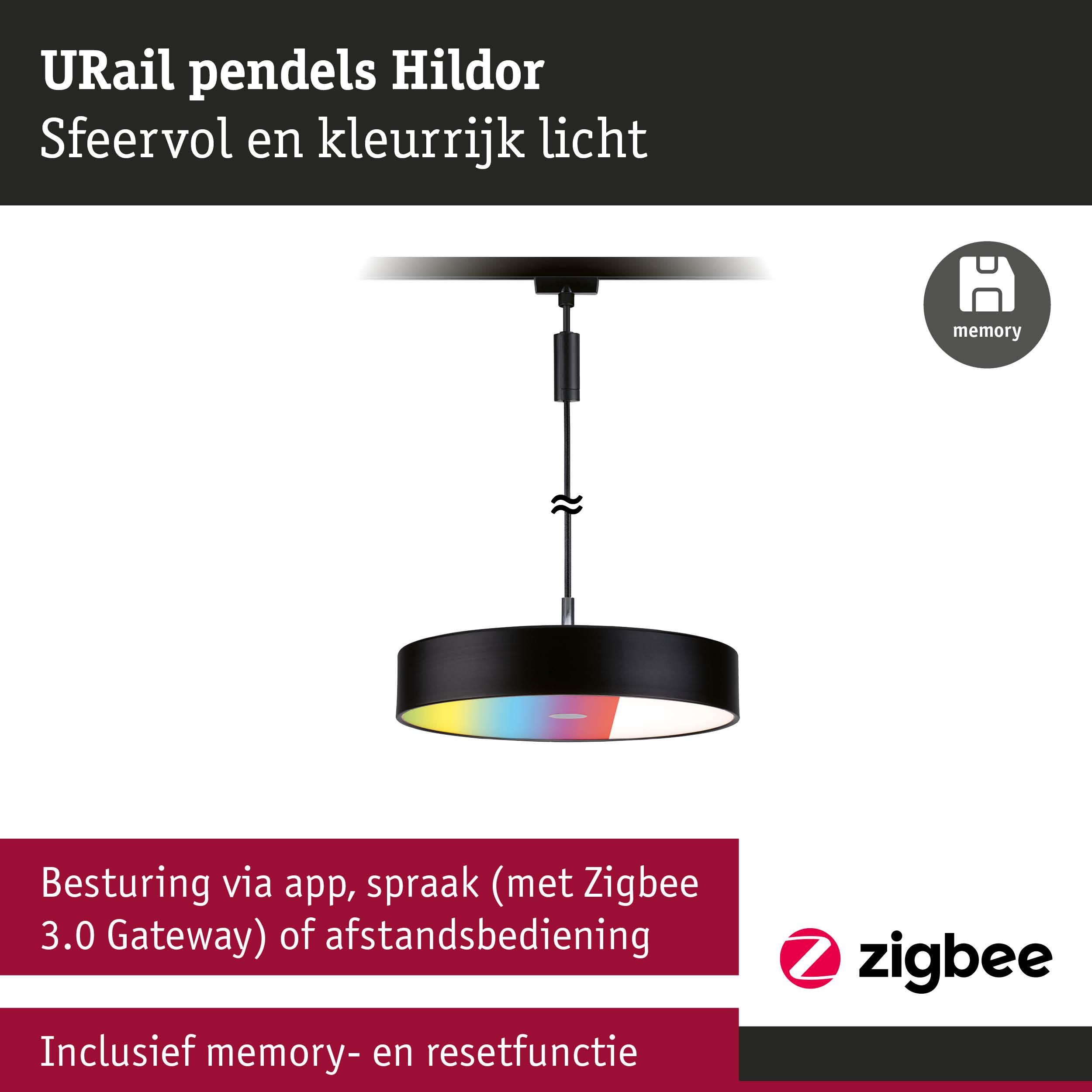 Zwarte URail pendel Hildor met kleurrijk licht en Zigbee bediening via app of spraak