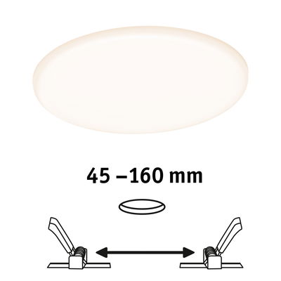 Round white LED ceiling light with adjustable distance from 45 to 160 mm for living spaces.