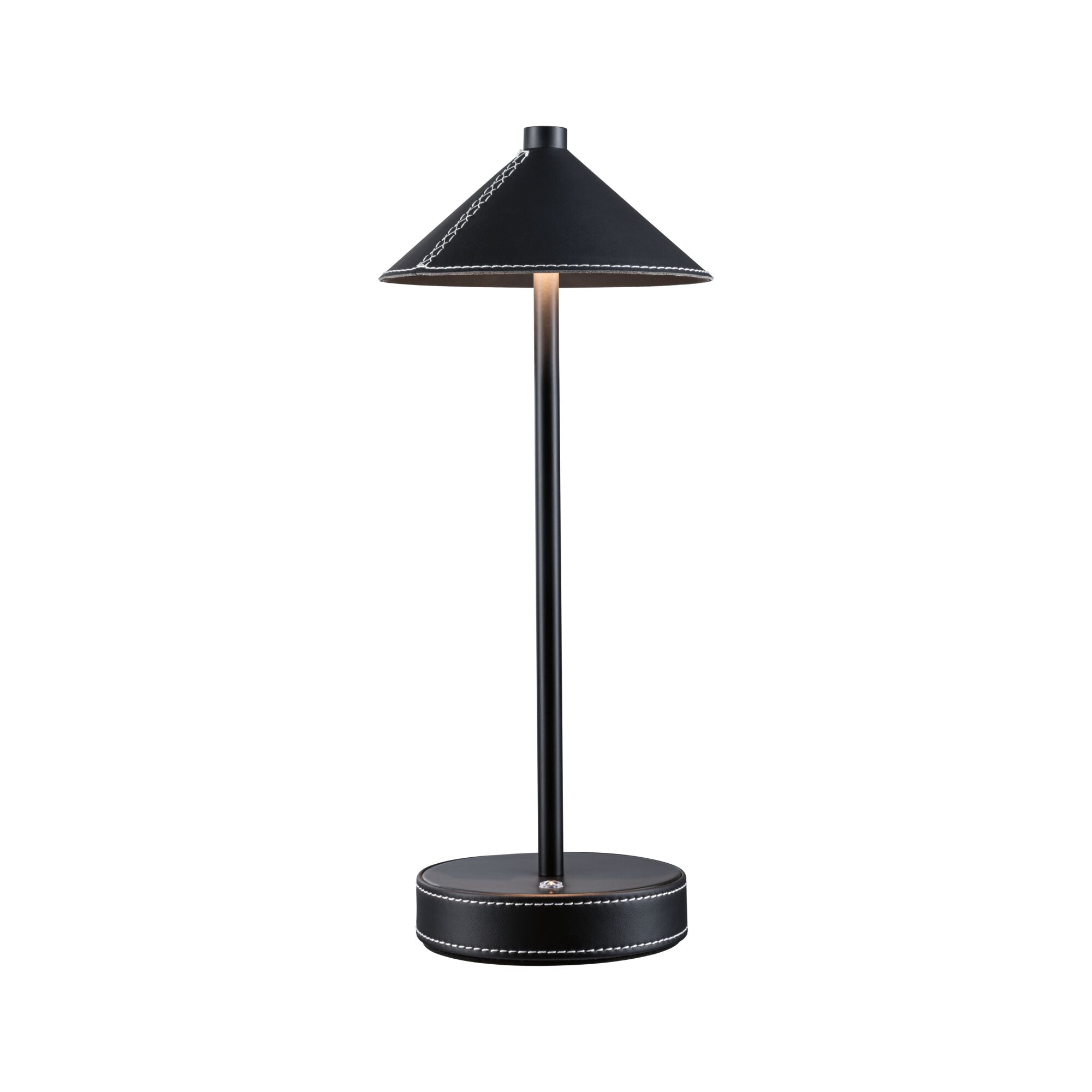 Lampe de table noire avec revêtement en cuir et couture blanche, design moderne d'éclairage LED.