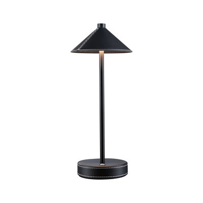 Lampe de table noire avec revêtement en cuir et couture blanche, design moderne d'éclairage LED.