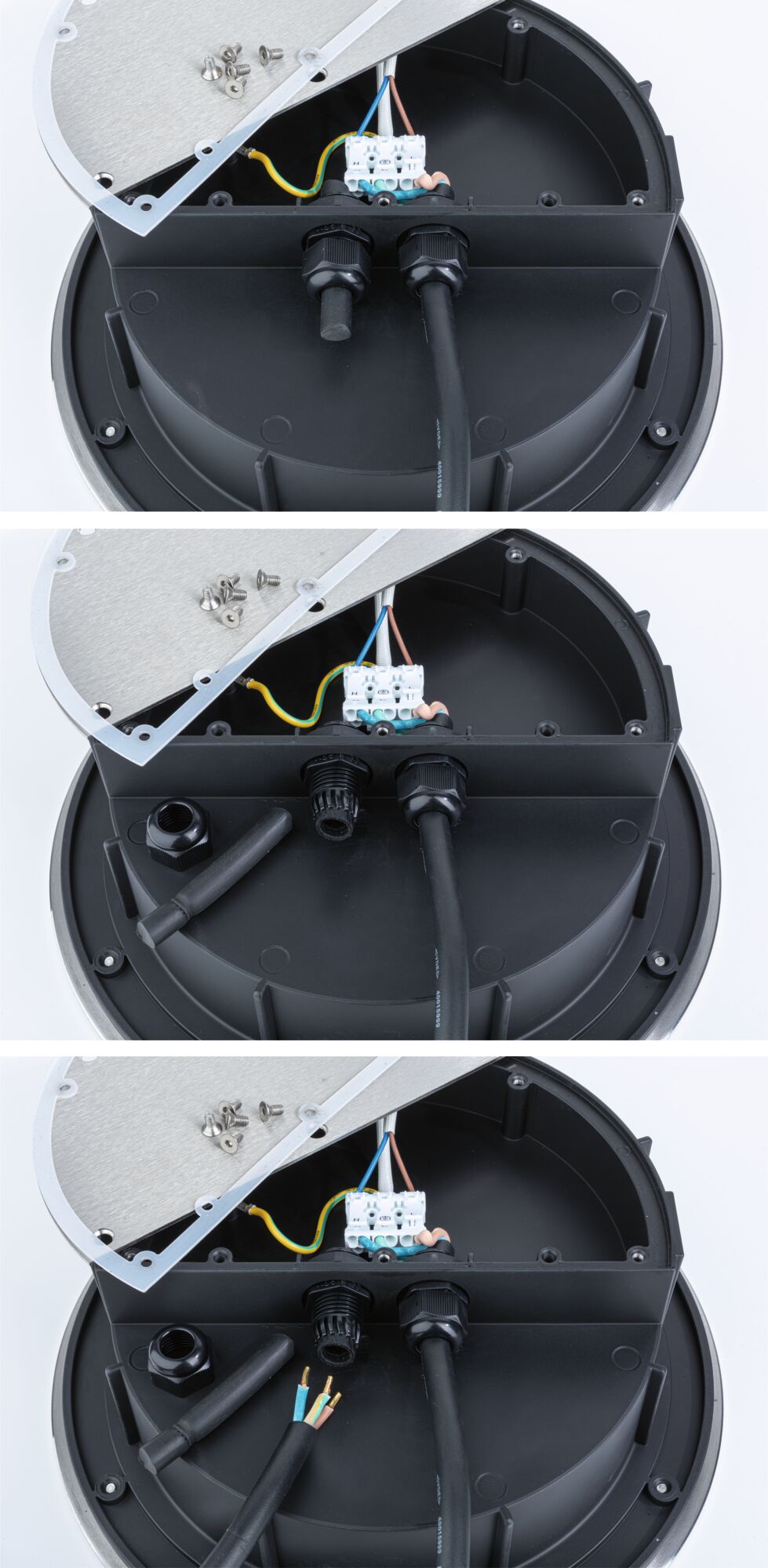 Three-part image of black plastic housing opened showing electrical cables and screws for LED lighting setup.