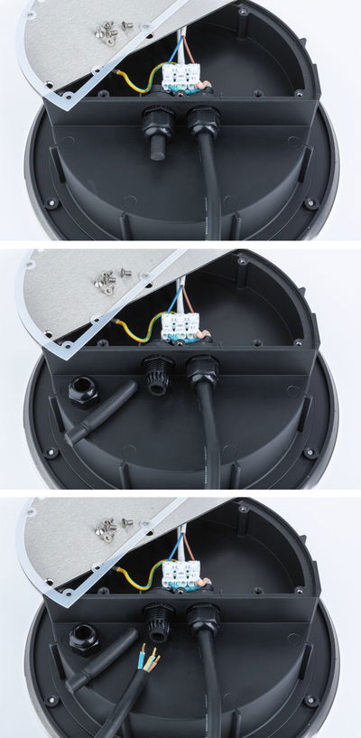 Three-part image of black plastic housing opened showing electrical cables and screws for LED lighting setup.