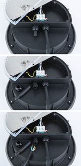 Three-part image of black plastic housing opened showing electrical cables and screws for LED lighting setup.