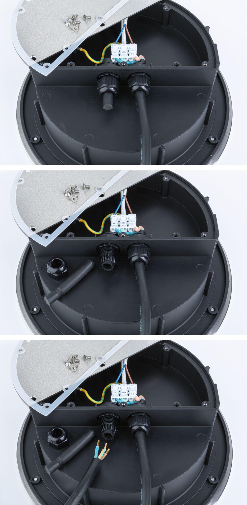 Black plastic housing with electrical cable connections and screws for LED lighting installation