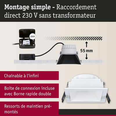 Spot LED encastré carré blanc avec profondeur 55 mm et raccordement direct 230 V sans transformateur
