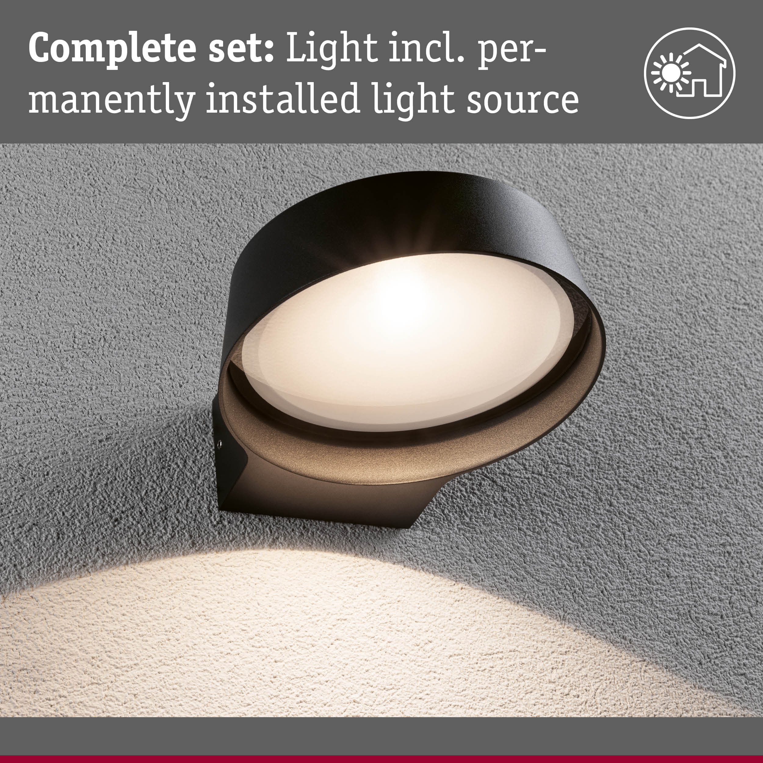 Black outdoor wall light with built-in light source and frosted diffuser for garden lighting