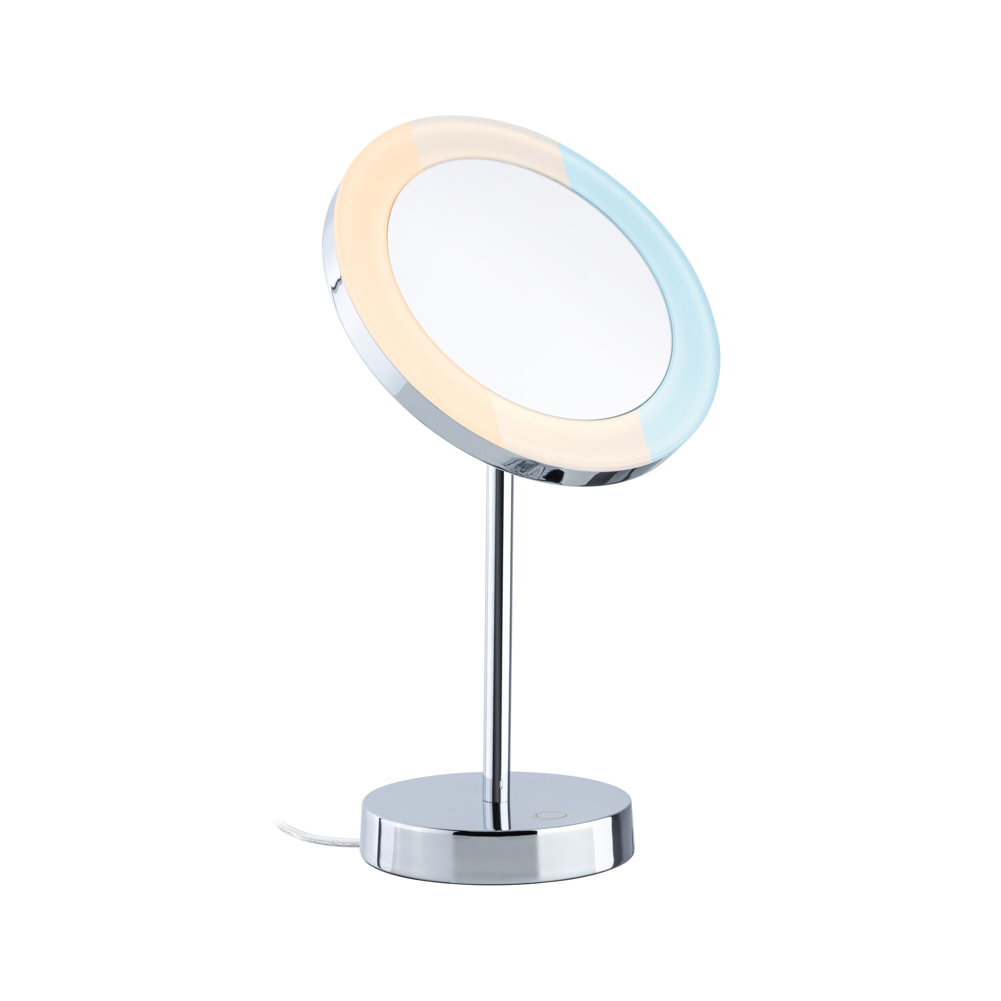 Modern makeup mirror with warm and cool white LED ring, chrome metal stand, cosmetic mirror for detailed view